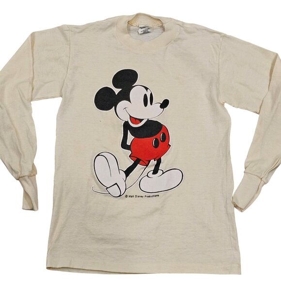 80s VTG Disney Mickey Mouse Tshirt Longsleeve Sz XS Thin Flawed Yellowed Signal - Picture 1 of 10